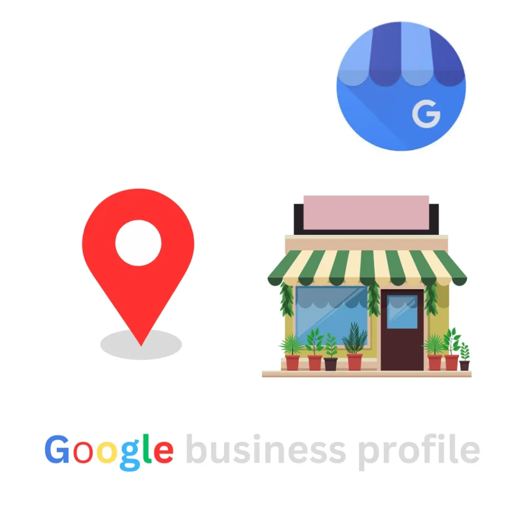 an image with a red map pin and storefront and a blue circle store logo with G written in it and google business profile written below this is an image for google business profile course