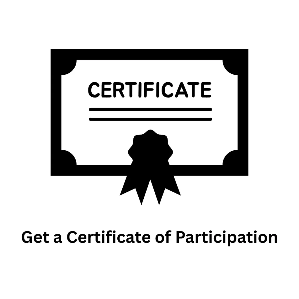 Black and white certificate icon with ribbon, representing a Certificate of Participation for attending the demo session.