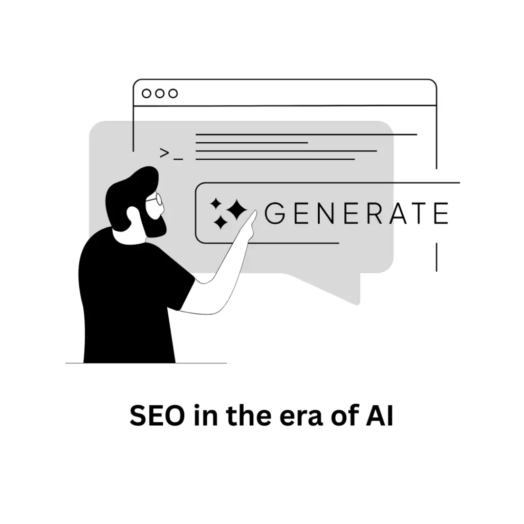 Illustration of a person interacting with a web interface and an AI 'Generate' button, representing the concept of SEO in the era of AI.