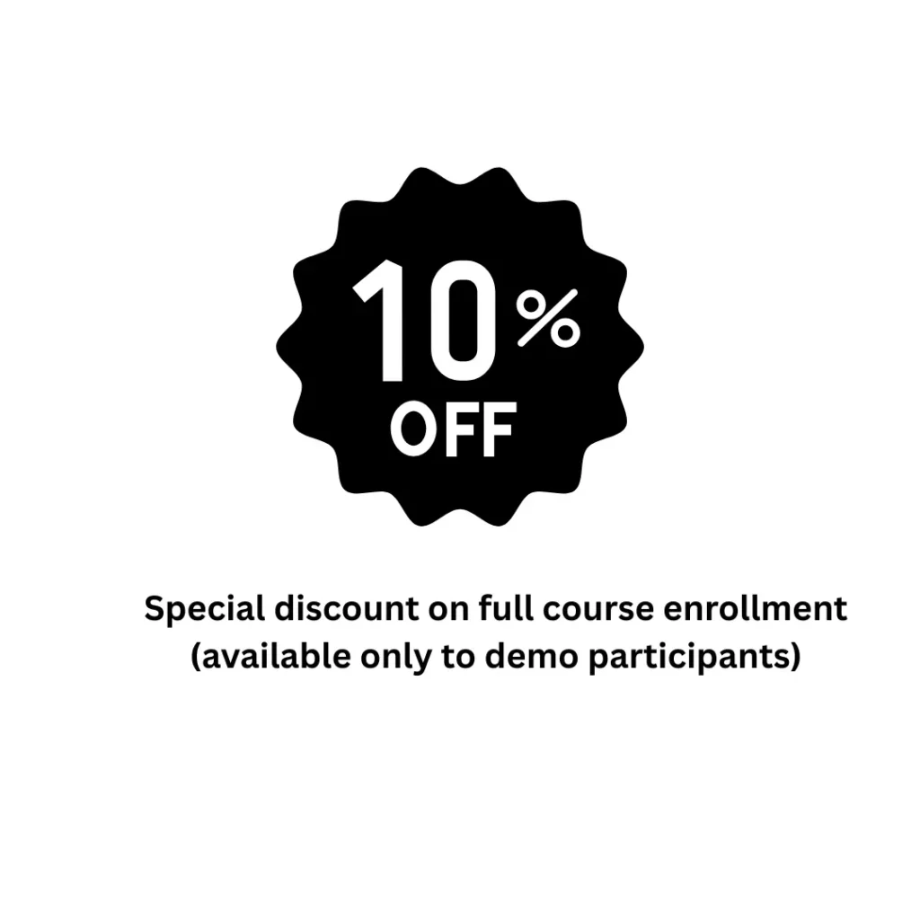 a black seal with a circle inside it and written 10% off this image is for showing the discount for demo attendees.